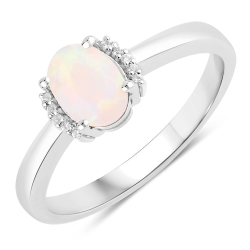 Opal-0.40 Carat Genuine Ethiopian Opal and Created White Sapphire .925 Sterling Silver Ring