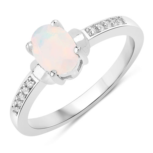 Opal-0.42 Carat Genuine Ethiopian Opal and Created White Sapphire .925 Sterling Silver Ring