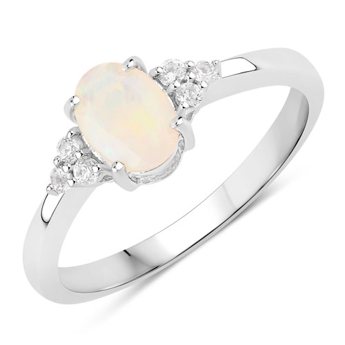 Opal-0.55 Carat Genuine Ethiopian Opal and Created White Sapphire .925 Sterling Silver Ring