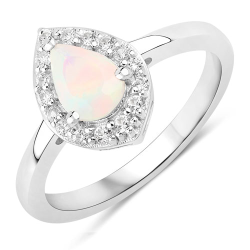 Opal-0.79 Carat Genuine Ethiopian Opal and Created White Sapphire .925 Sterling Silver Ring