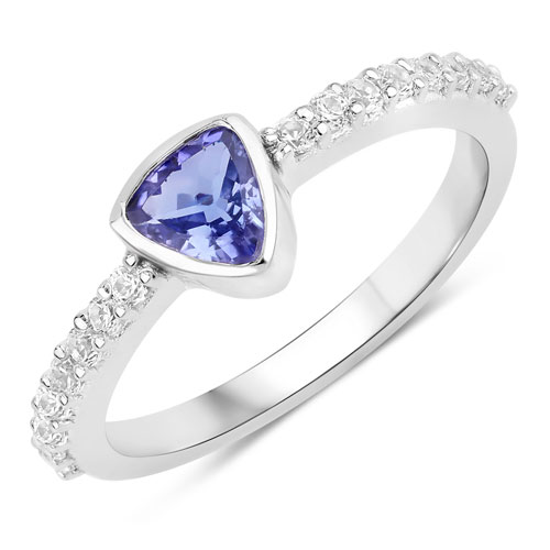 Tanzanite-0.91 Carat Genuine Tanzanite and Created White Sapphire .925 Sterling Silver Ring