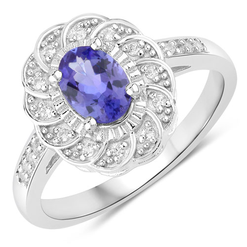 Tanzanite-0.95 Carat Genuine Tanzanite and Created White Sapphire .925 Sterling Silver Ring