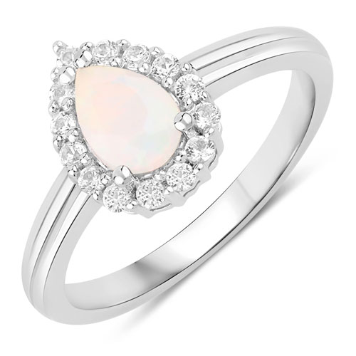 Opal-0.83 Carat Genuine Ethiopian Opal and Created White Sapphire .925 Sterling Silver Ring