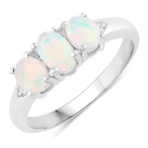 Opal-0.69 Carat Genuine Ethiopian Opal and Created White Sapphire .925 Sterling Silver Ring