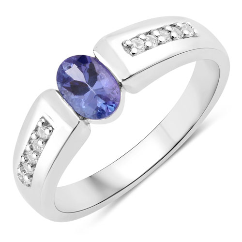 Tanzanite-0.64 Carat Genuine Tanzanite and Created White Sapphire .925 Sterling Silver Ring
