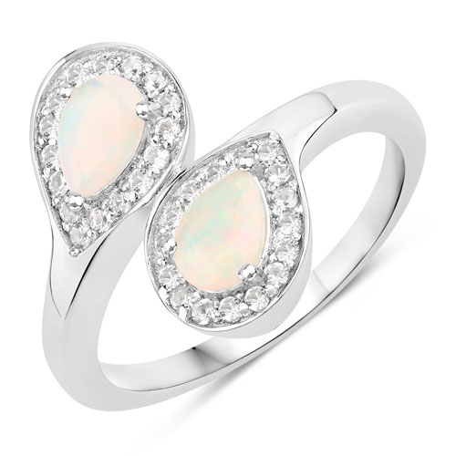 Opal-0.82 Carat Genuine Ethiopian Opal and Created White Sapphire .925 Sterling Silver Ring