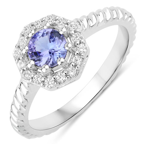 Tanzanite-0.79 Carat Genuine Tanzanite and Created White Sapphire .925 Sterling Silver Ring