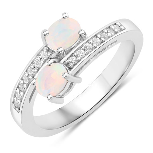 Opal-0.58 Carat Genuine Ethiopian Opal and Created White Sapphire .925 Sterling Silver Ring