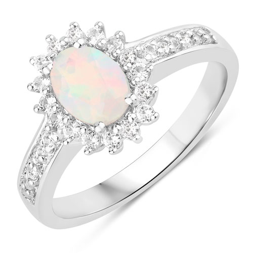 Opal-0.89 Carat Genuine Ethiopian Opal and Created White Sapphire .925 Sterling Silver Ring