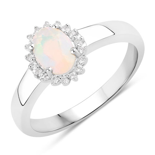 Opal-0.46 Carat Genuine Ethiopian Opal and Created White Sapphire .925 Sterling Silver Ring