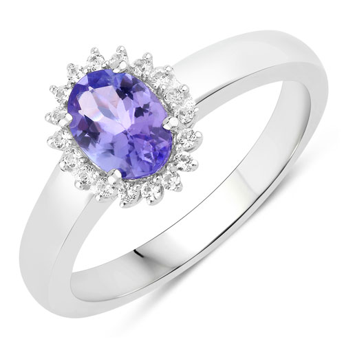 Tanzanite-0.84 Carat Genuine Tanzanite and Created White Sapphire .925 Sterling Silver Ring