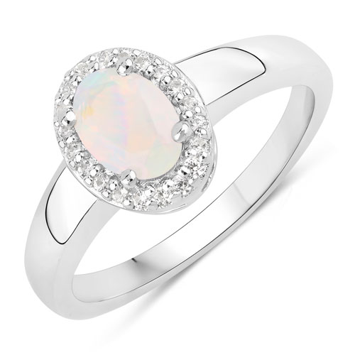 Opal-0.47 Carat Genuine Ethiopian Opal and Created White Sapphire .925 Sterling Silver Ring