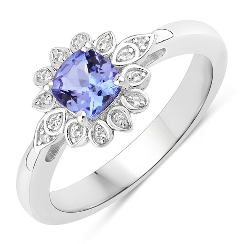 Tanzanite-0.59 Carat Genuine Tanzanite and Created White Sapphire .925 Sterling Silver Ring