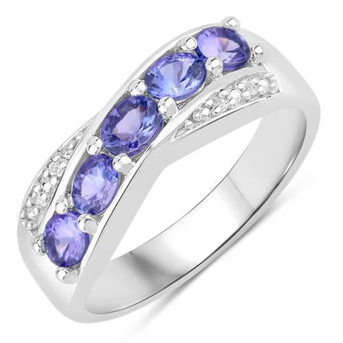 Tanzanite-0.89 Carat Genuine Tanzanite and Created White Sapphire .925 Sterling Silver Ring