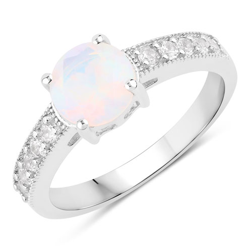 Opal-1.00 Carat Genuine Ethiopian Opal and Created White Sapphire .925 Sterling Silver Ring