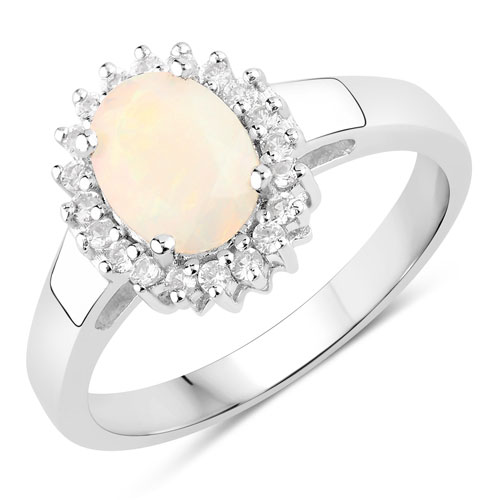 Opal-1.21 Carat Genuine Ethiopian Opal and Created White Sapphire .925 Sterling Silver Ring