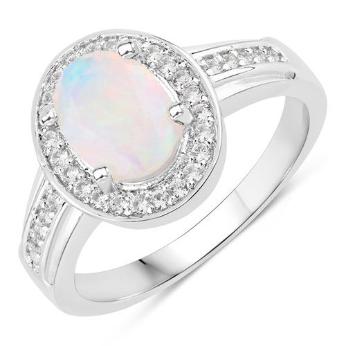 Opal-0.99 Carat Genuine Ethiopian Opal and Created White Sapphire .925 Sterling Silver Ring
