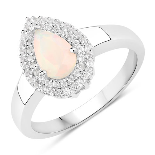Opal-0.72 Carat Genuine Ethiopian Opal and Created White Sapphire .925 Sterling Silver Ring