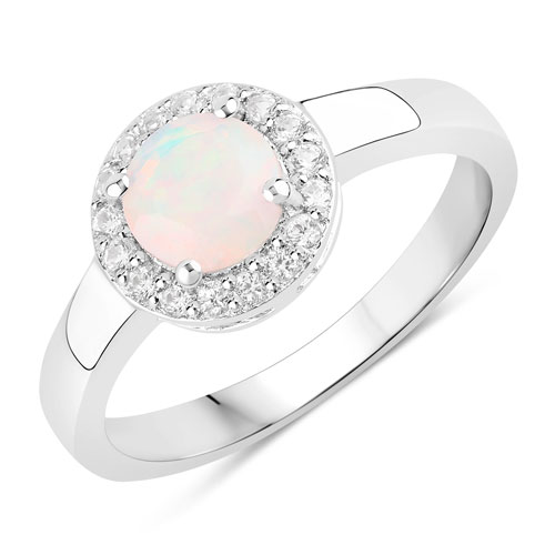 Opal-0.84 Carat Genuine Ethiopian Opal and Created White Sapphire .925 Sterling Silver Ring