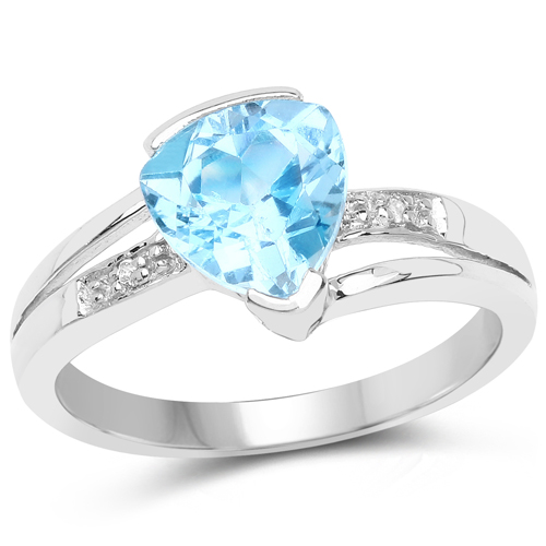 Rings-1.91 Carat Genuine Swiss Blue Topaz and White Diamond .925 Sterling Silver Ring