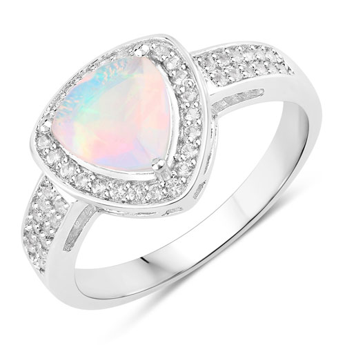 Opal-0.85 Carat Genuine Ethiopian Opal and Created White Sapphire .925 Sterling Silver Ring