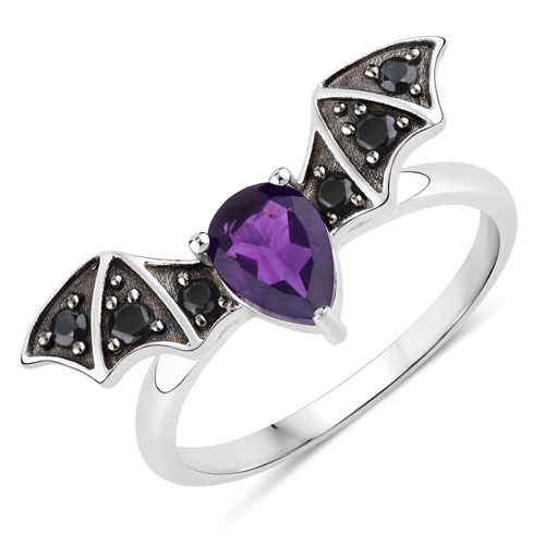 Amethyst-0.91 Carat Genuine Amethyst and Black Spinel .925 Sterling Silver Ring