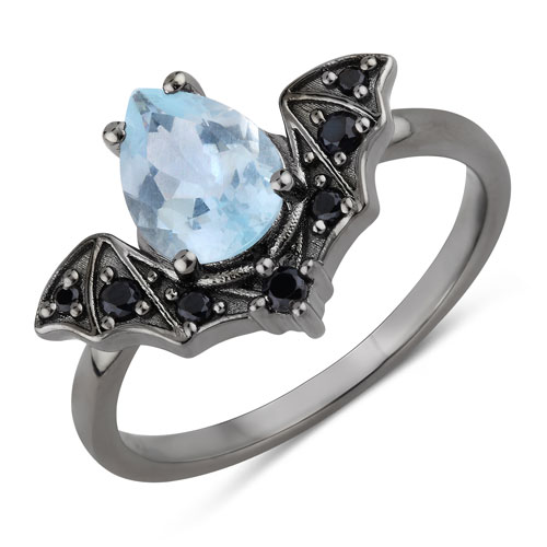 Rings-1.32 Carat Genuine Blue Topaz and Black Spinel .925 Sterling Silver Ring
