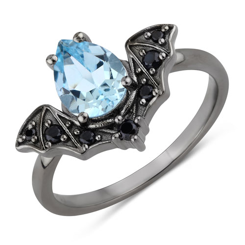 Rings-1.47 Carat Genuine Aquamarine and Black Spinel .925 Sterling Silver Ring