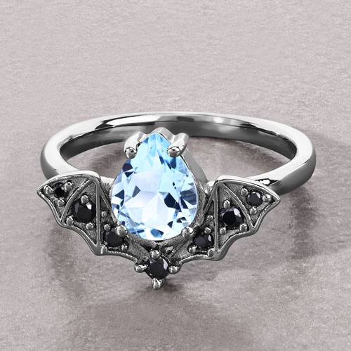 1.47 Carat Genuine Aquamarine and Black Spinel .925 Sterling Silver Ring