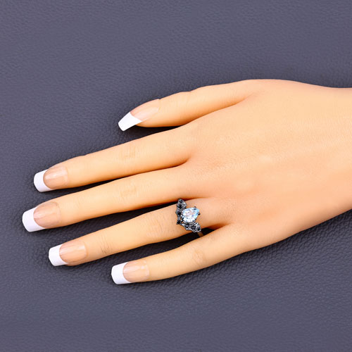 1.47 Carat Genuine Aquamarine and Black Spinel .925 Sterling Silver Ring