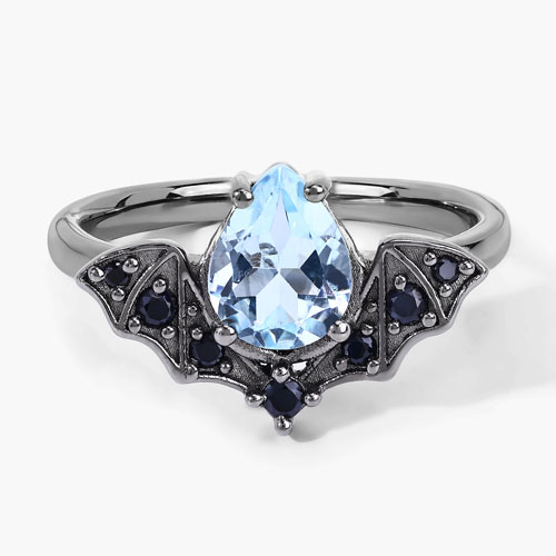 1.47 Carat Genuine Aquamarine and Black Spinel .925 Sterling Silver Ring
