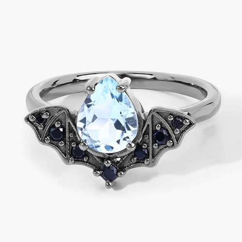 1.47 Carat Genuine Aquamarine and Black Spinel .925 Sterling Silver Ring