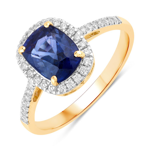 Sapphire-2.17 Carat Genuine Ceylon Blue Sapphire and White Diamond 18K Yellow Gold Ring