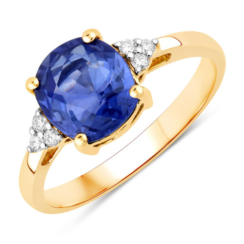 Sapphire-2.43 Carat Genuine Ceylon Blue Sapphire and White Diamond 18K Yellow Gold Ring