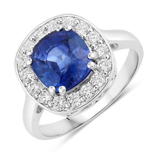 Sapphire-3.89 Carat Genuine Ceylon Blue Sapphire and White Diamond 18K White Gold Ring