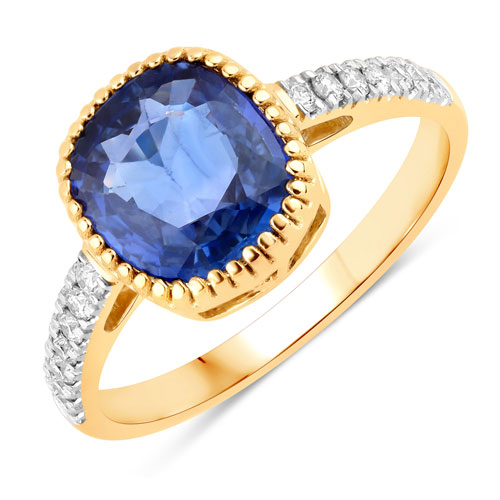 Sapphire-2.46 Carat Genuine Ceylon Blue Sapphire and White Diamond 18K Yellow Gold Ring