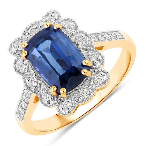 Sapphire-3.21 Carat Genuine Ceylon Blue Sapphire and White Diamond 18K Yellow Gold Ring