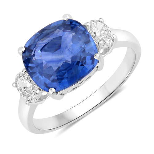 Sapphire-4.87 Carat Genuine Ceylon Blue Sapphire and White Diamond 18K White Gold Ring