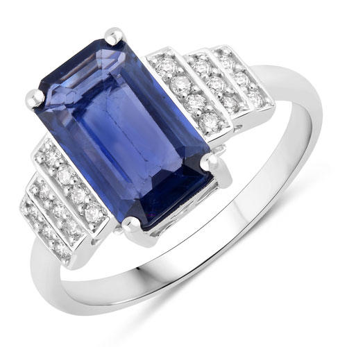 Sapphire-2.55 Carat Genuine Ceylon Blue Sapphire and White Diamond 18K White Gold Ring