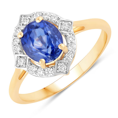 Sapphire-2.16 Carat Genuine Ceylon Blue Sapphire and White Diamond 18K Yellow Gold Ring