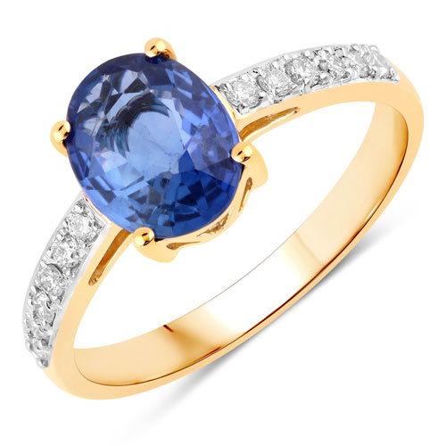 Sapphire-2.02 Carat Genuine Ceylon Blue Sapphire and White Diamond 18K Yellow Gold Ring