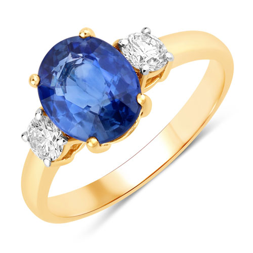 Sapphire-2.74 Carat Genuine Ceylon Blue Sapphire and White Diamond 18K Yellow Gold Ring