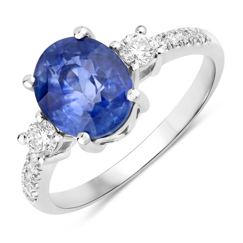 Sapphire-3.11 Carat Genuine Ceylon Blue Sapphire and White Diamond 18K White Gold Ring