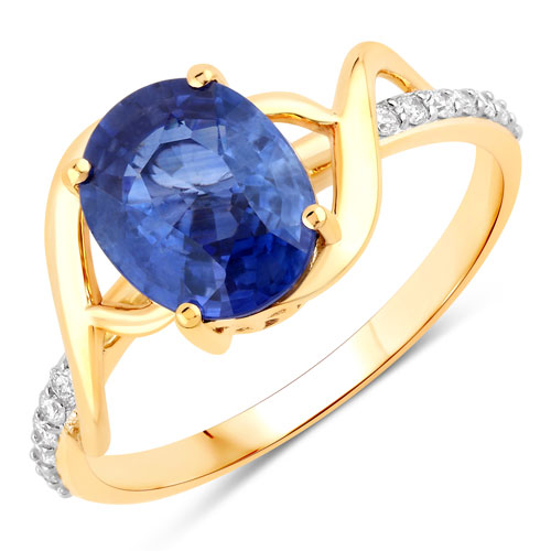 Sapphire-2.34 Carat Genuine Ceylon Blue Sapphire and White Diamond 18K Yellow Gold Ring