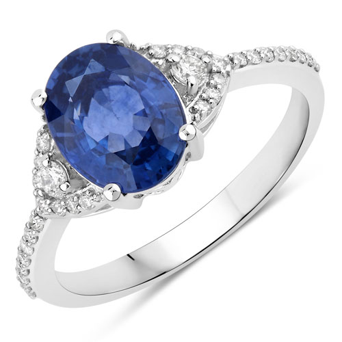 Sapphire-2.57 Carat Genuine Ceylon Blue Sapphire and White Diamond 18K White Gold Ring