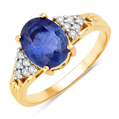Sapphire-2.33 Carat Genuine Ceylon Blue Sapphire and White Diamond 18K Yellow Gold Ring