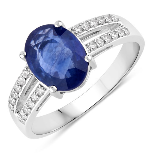 Sapphire-2.34 Carat Genuine Ceylon Blue Sapphire and White Diamond 18K White Gold Ring