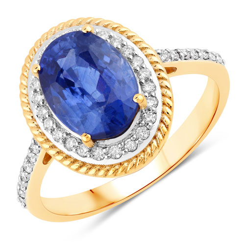 Sapphire-3.61 Carat Genuine Ceylon Blue Sapphire and White Diamond 18K Yellow Gold Ring
