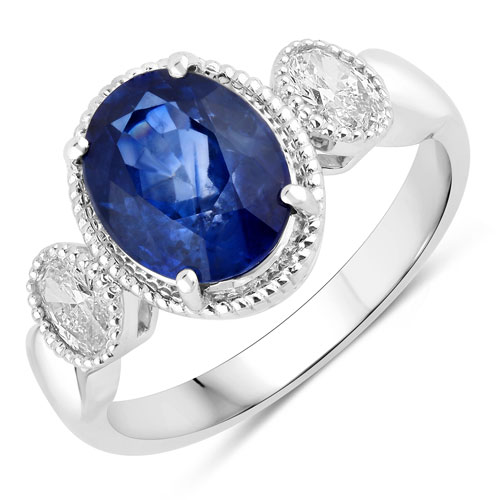 Sapphire-3.58 Carat Genuine Ceylon Blue Sapphire and White Diamond 18K White Gold Ring