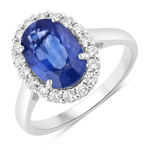 Sapphire-4.08 Carat Genuine Ceylon Blue Sapphire and White Diamond 18K White Gold Ring
